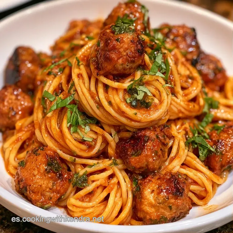 Pasta enrollada con esferas de carne jugosas, lluvia de queso blanco rallado y un toque de verde sobre plato blanco.
