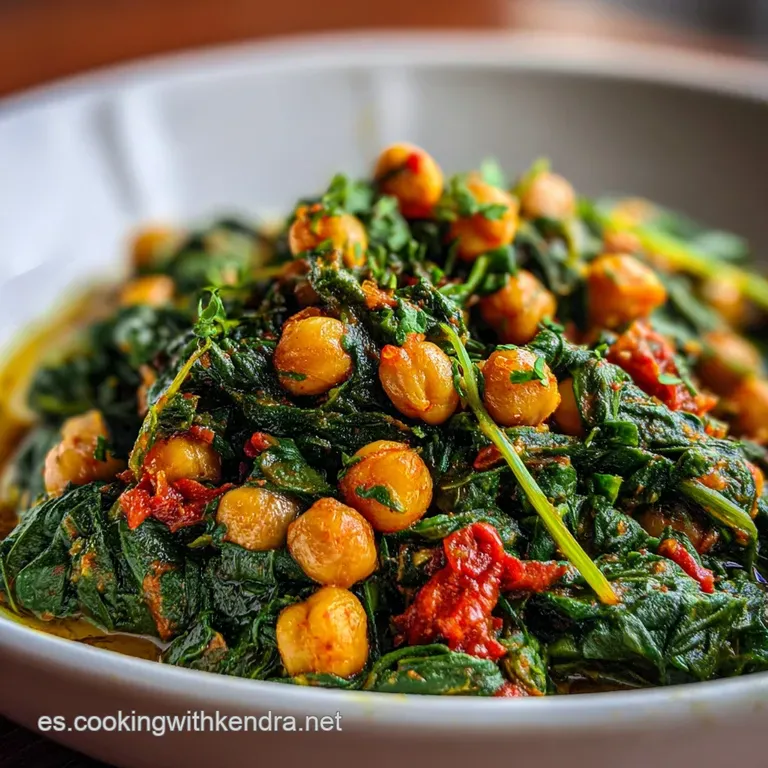 A single serving of spinach and chickpeas, glistening with olive oil, artfully arranged. Smoked paprika and crusty bread a...