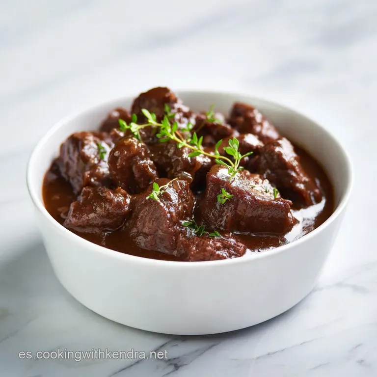 Cuenco cer&aacute;mico con guiso brillante, trozos jugosos de carne y un toque de perejil fresco picado en la superficie.