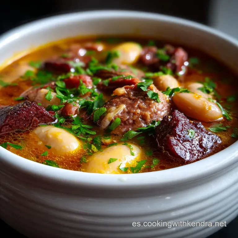 Elegantly plated Fabada: smoky paprika hues the broth surrounding soft white beans, studded with rustic meats for a hearty...