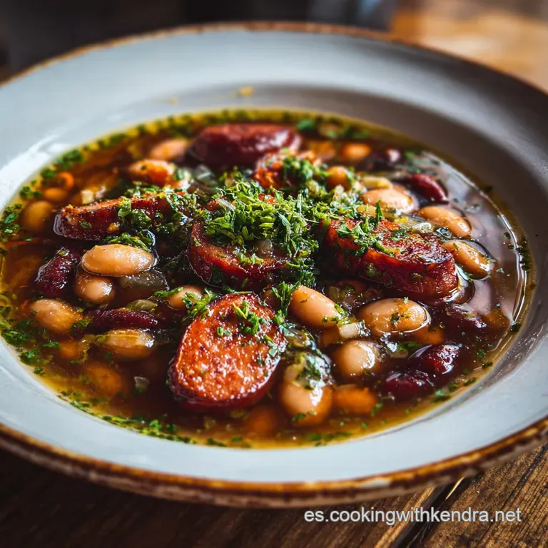 A deep plate filled with glossy, rich Fabada Asturiana. Sprigs of parsley add a fresh green counterpoint to the rustic ing...