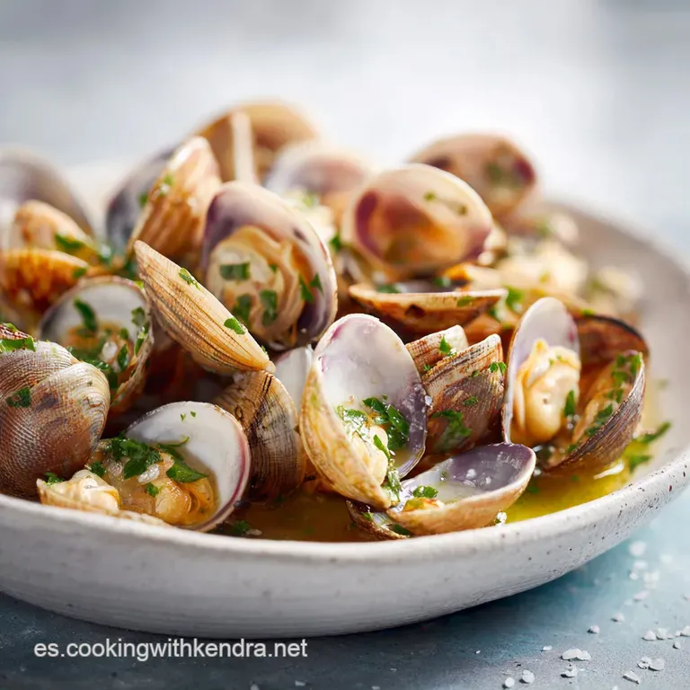 A single portion of white beans and clams in a rustic bowl, garnished with fresh parsley and a drizzle of olive oil.