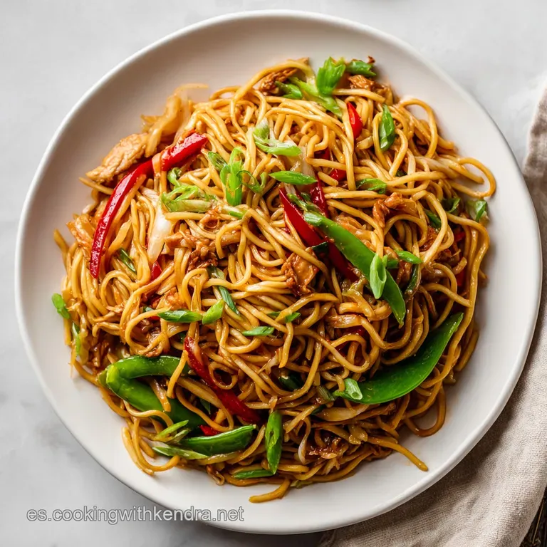 A single serving of glistening noodles, tender chicken, and vibrant vegetables piled high on a white plate, inviting and f...