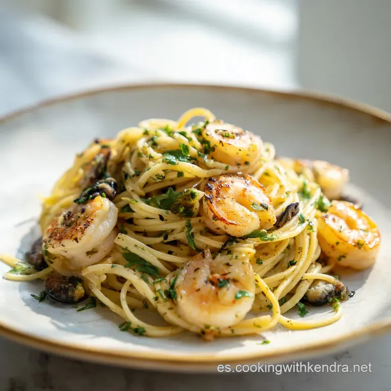 Elegant plate of Spanish fideu&agrave; brimming with seafood. Toasted noodles glisten with broth, hinting at rich, briny flavors.