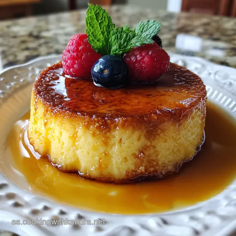 Elegant slice of creamy flan with rich caramel drizzle, adorned with fresh mint, invitingly plated for dessert.