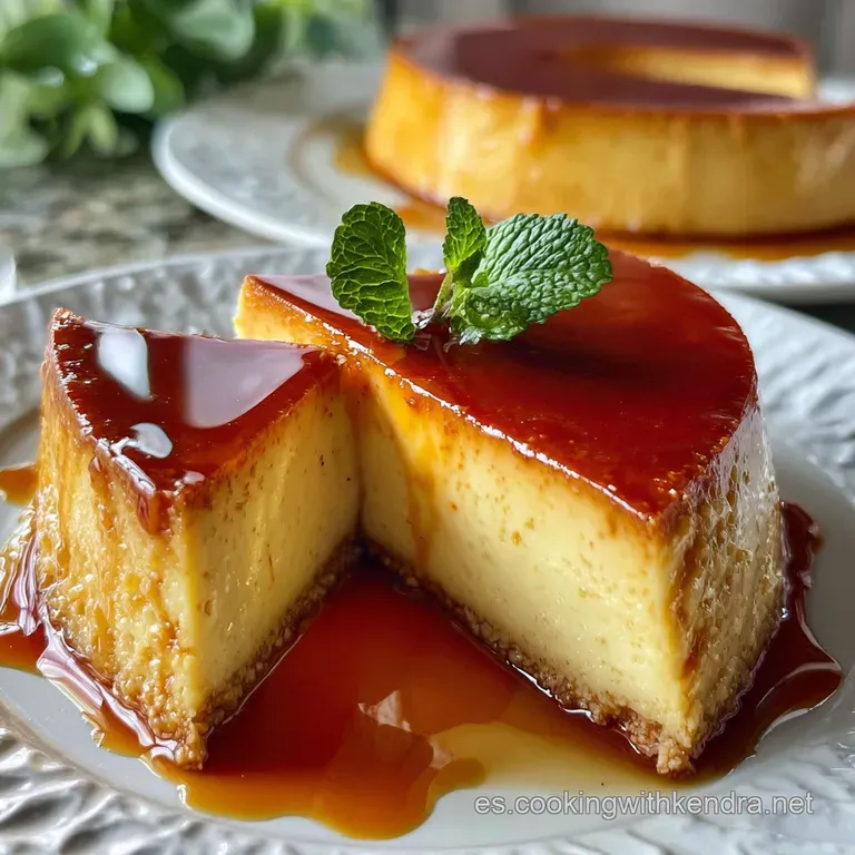 Elegant slice of creamy flan with visible nougat, drizzled with amber caramel. Garnished with toasted almonds, ready to be...