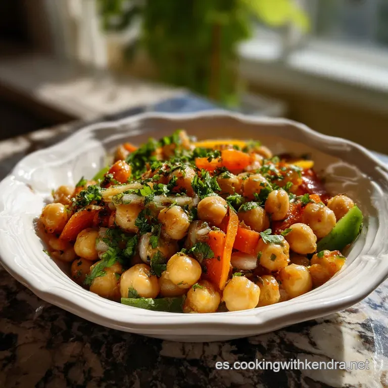 A beautifully plated garbanzo and vegetable dish with a sprinkle of fresh herbs; rustic charm meets culinary elegance.