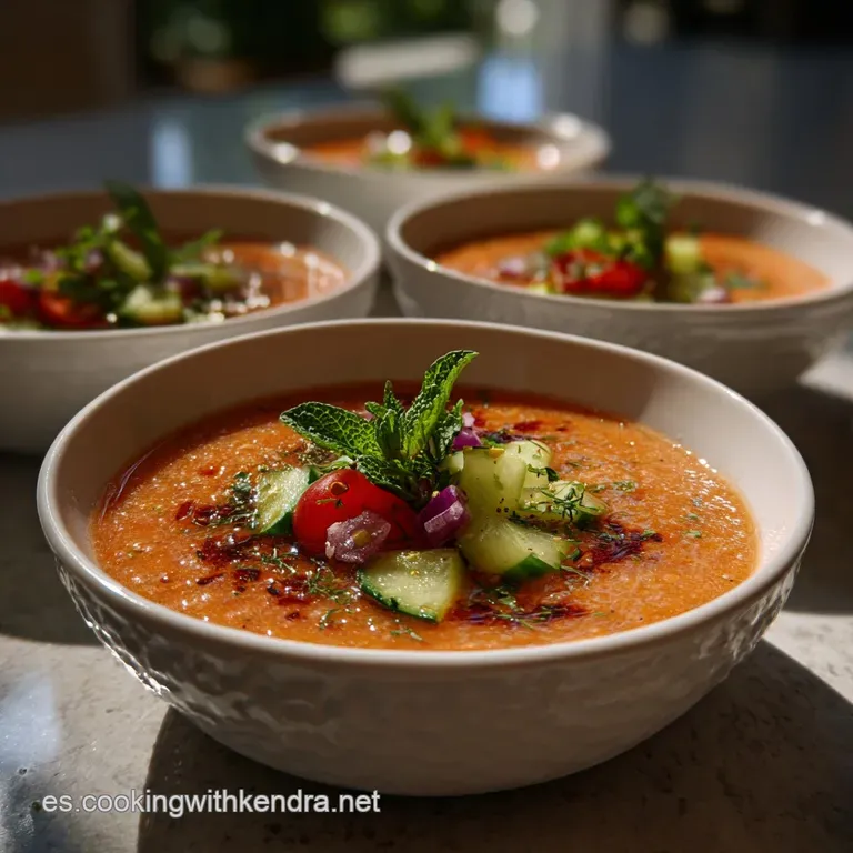 Chilled gazpacho served in a glass, garnished with diced tomatoes and cucumbers. A visually appealing, refreshing summer s...