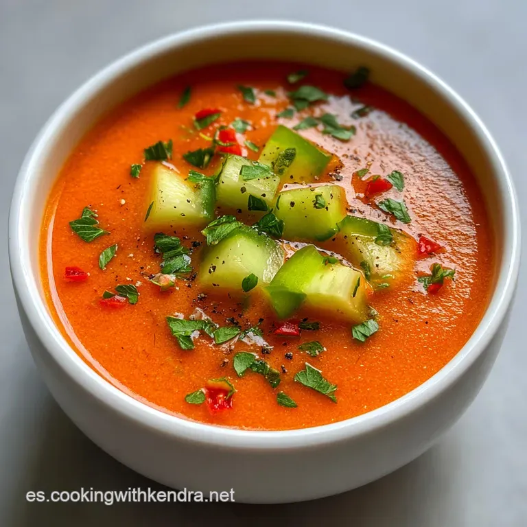 Refreshing gazpacho served in a glass, topped with finely chopped peppers & cucumber, glistening under the summer light. A...