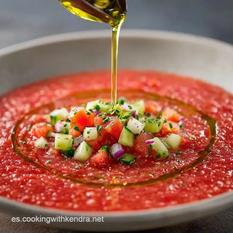 Vaso de cristal con sopa roja fr&iacute;a, adornado con pimiento picado y aceite dorado, sobre un fondo neutro y minimalista.
