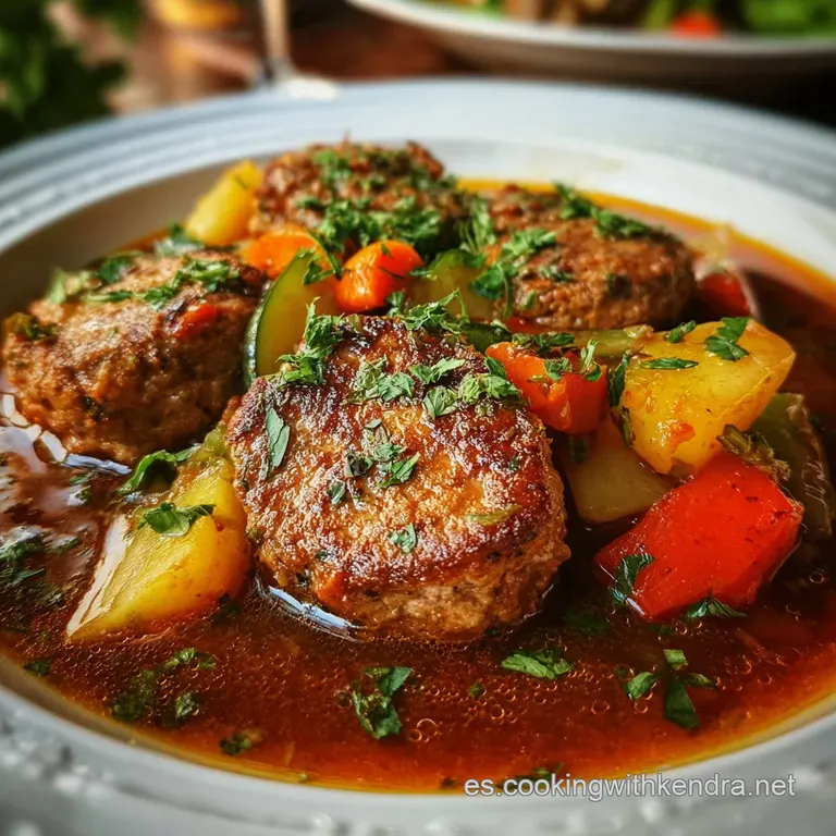 Tender chunks of beef simmered in a dark, luscious sauce, plated elegantly with vibrant green garnish and dollops of mashe...