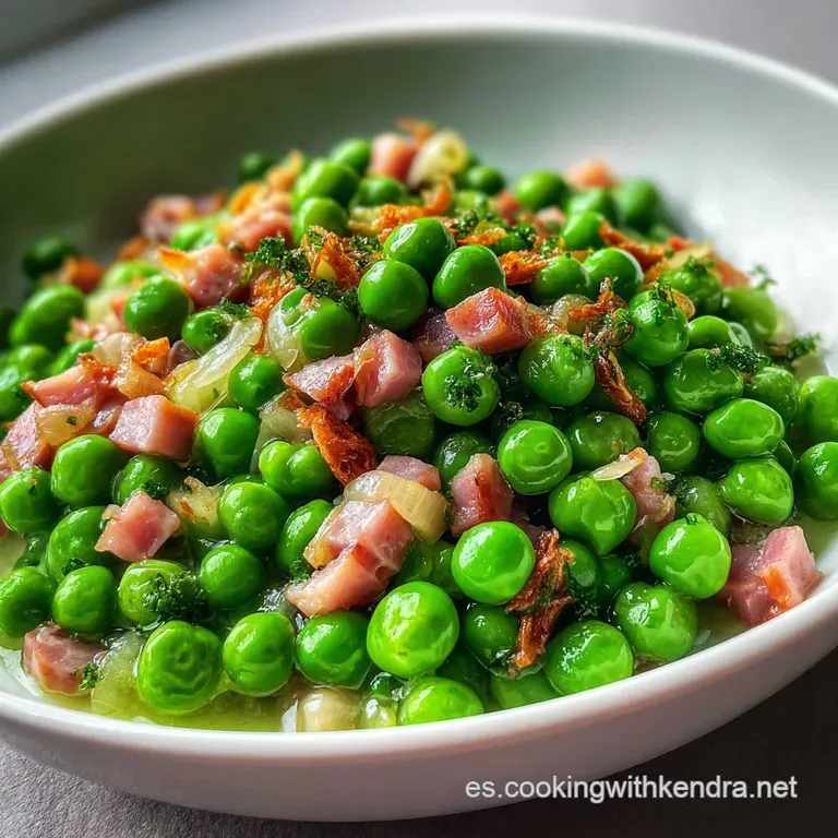 Emerald peas nestled amongst crispy jam&oacute;n shards on a white plate, hinting at warmth and simple, flavorful comfort food.