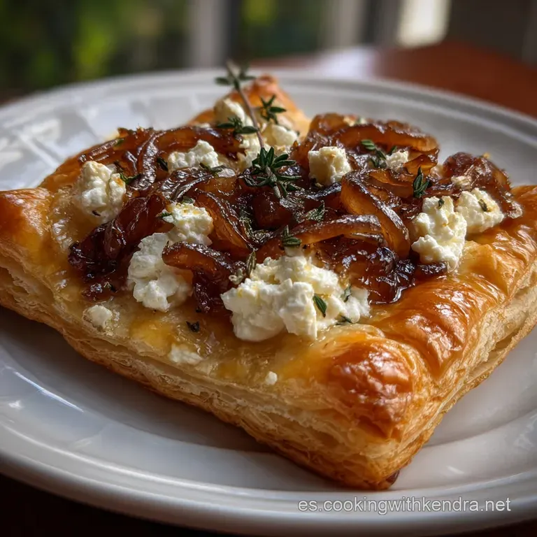 Crisp pastry with bubbly cheese and glistening onions, artfully arranged on a dark plate. A simple yet elegant culinary cr...