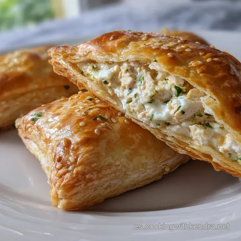 A slice of golden puff pastry pie with a gooey, cheesy chicken filling on a white plate with a fresh parsley garnish.