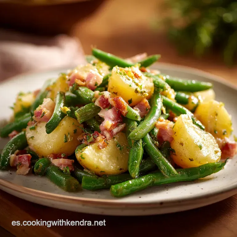 A simple plate of steaming green beans and potatoes, glistening with oil and sprinkled with herbs, offering comforting war...