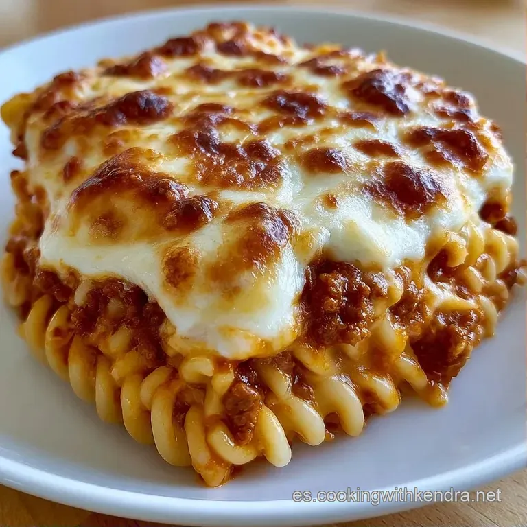 Porci&oacute;n cuadrada de pasta horneada con queso gratinado burbujeante y una hoja de albahaca fresca sobre cer&aacute;mica gris.