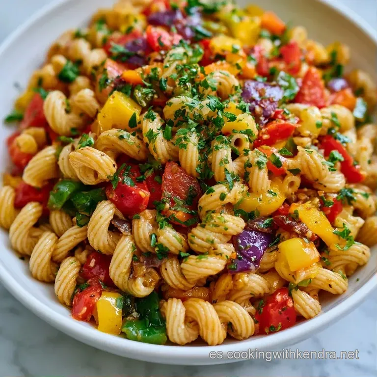 Pasta cremosa servida en plato blanco, decorada con perejil fresco y vegetales multicolores ba&ntilde;ados en salsa suave.