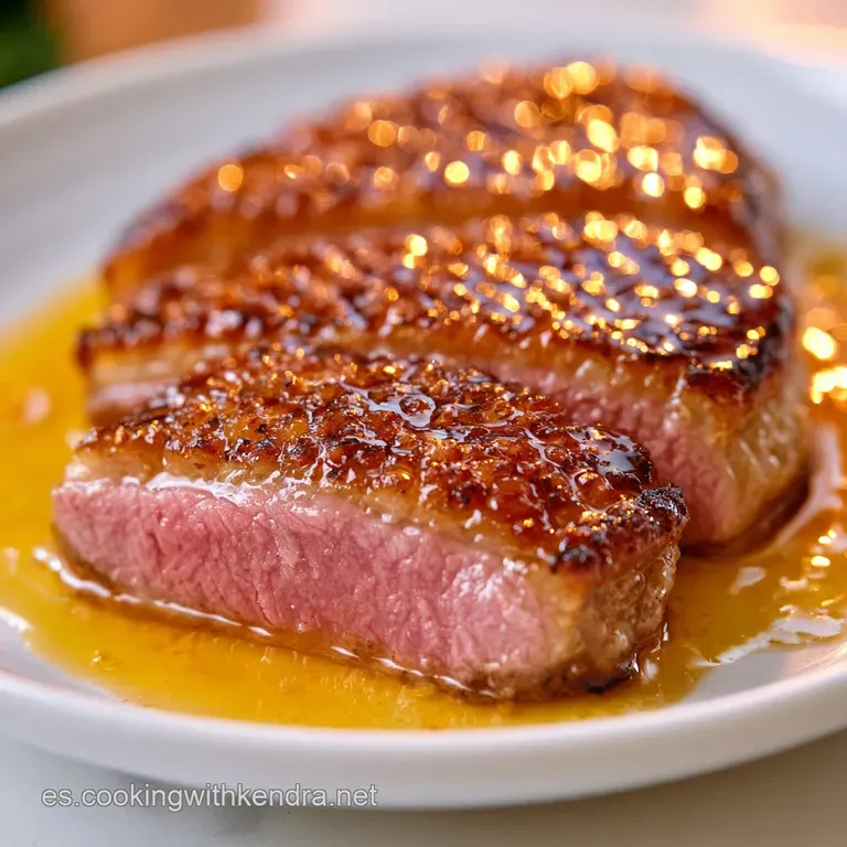 Filetes de pato dispuestos con precisi&oacute;n, acompa&ntilde;ados de gajos de naranja fresca y una reducci&oacute;n c&iacute;trica espesa.