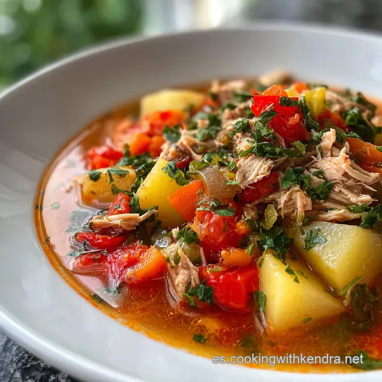 A rustic bowl of marmitako, the tuna and potato stew, garnished with fresh parsley, offering a warm, inviting, and comfort...