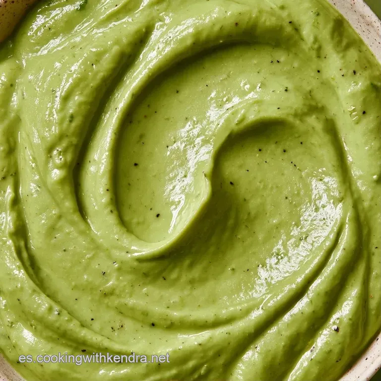 Salsa cremosa verde lima servida en un bol de cristal, decorada con una hoja de cilantro fresca y pimienta negra.