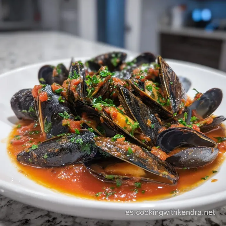 Pile of glistening mussels simmered in a vibrant tomato broth, served in a deep bowl, garnished with bright green herbs an...