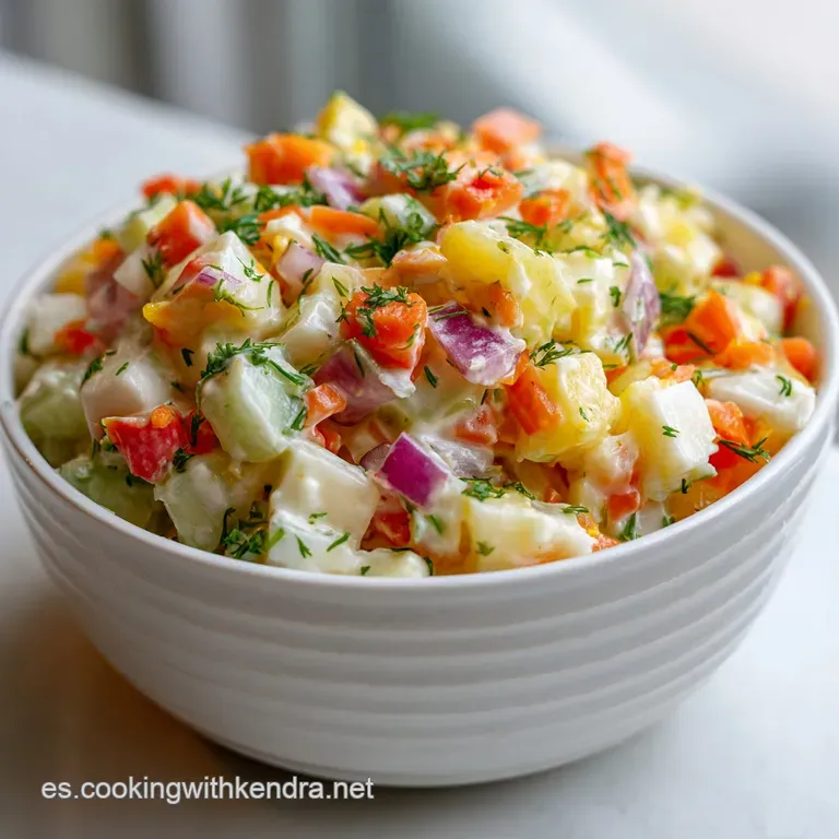 Elegant plate of Ensaladilla Rusa, adorned with parsley, features bright pops of color and tempting textures.