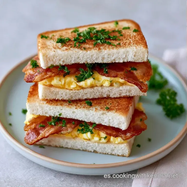 Mini bocadillos alineados en plato blanco, resaltando el contraste del bacon rojizo y el pan tostado muy brillante.