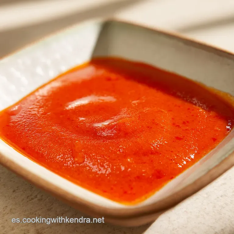 Cuenco de cer&aacute;mica con salsa espesa color naranja intenso, gotas de aceite dorado y un toque de perejil fresco encima.