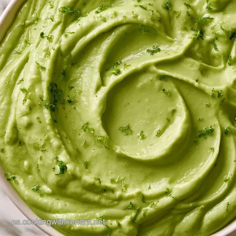 Espiral de crema blanca espesa decorada con láminas de aguacate fresco y finas hebras de lima en plato minimalista.