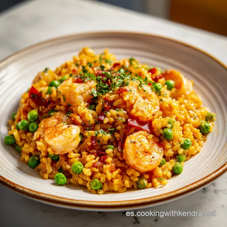 Elegant paella presentation: saffron rice glistens, topped with perfectly cooked shrimp and mussels, garnished with parsle...