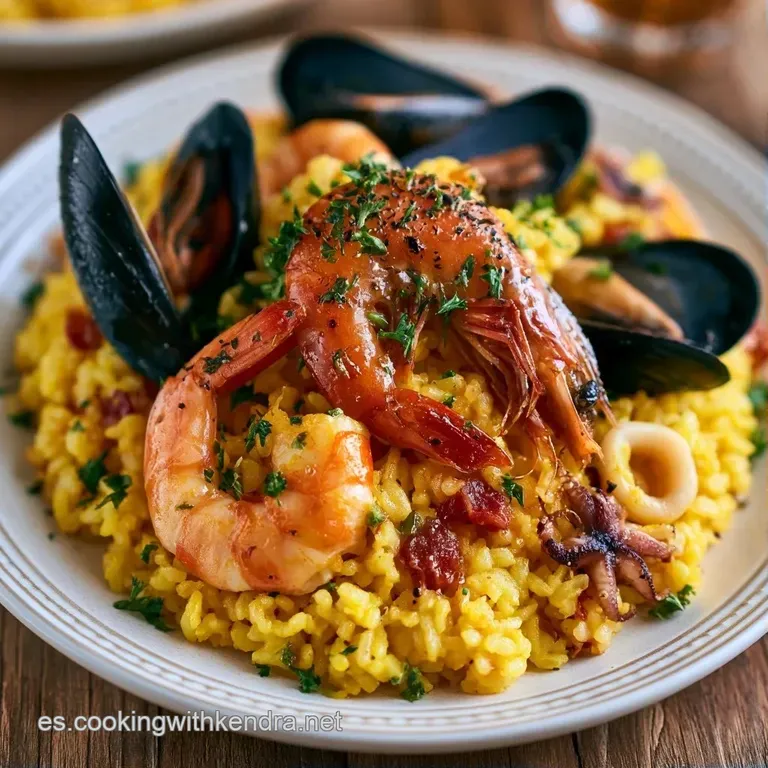 Arroz amarillo intenso servido en plato blanco con mariscos frescos organizados y una rodaja de lim&oacute;n amarillo brillante.
