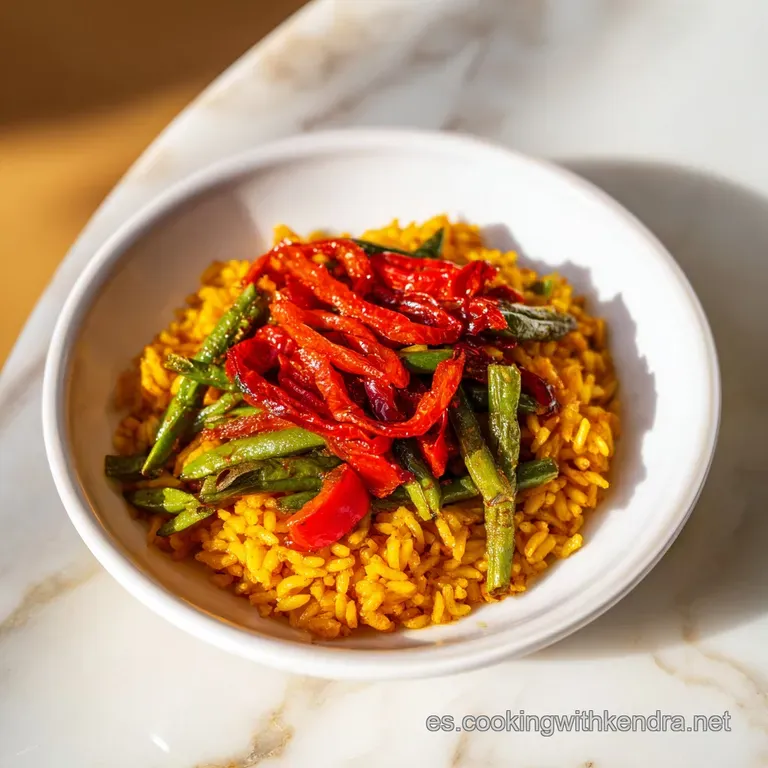 Paella humeante servida en mesa r&uacute;stica, destacando el grano brillante y colores vivos de los mariscos y verduras frescas.