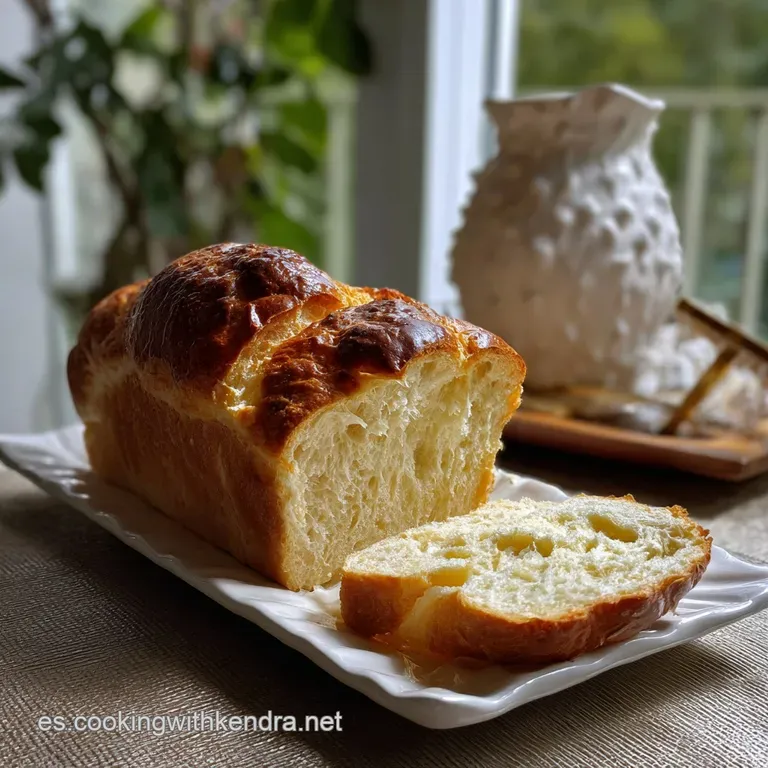 Thick slices of bread, presented artfully, revealing a light, open interior. The soft texture contrasts with a subtly brow...