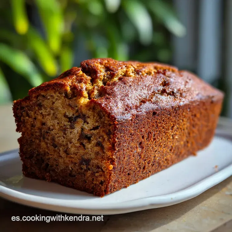 Slice of tender banana bread on a plate, dusted with powdered sugar, next to fresh banana slices, offering a sweet and inv...