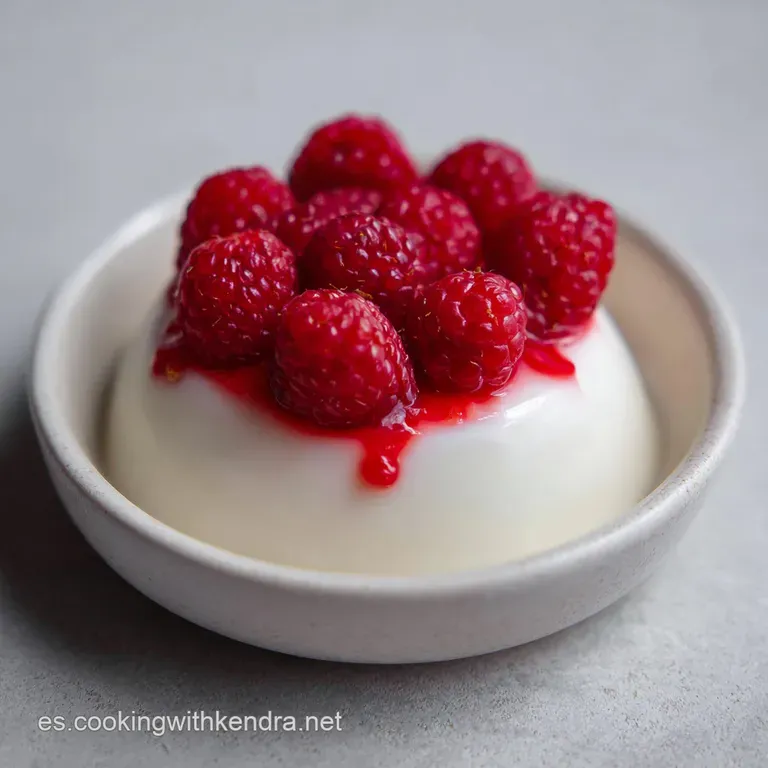 Cilindro de crema blanca suave sobre plato cer&aacute;mico, decorado con un hilo de sirope rojo y una mora fresca arriba.