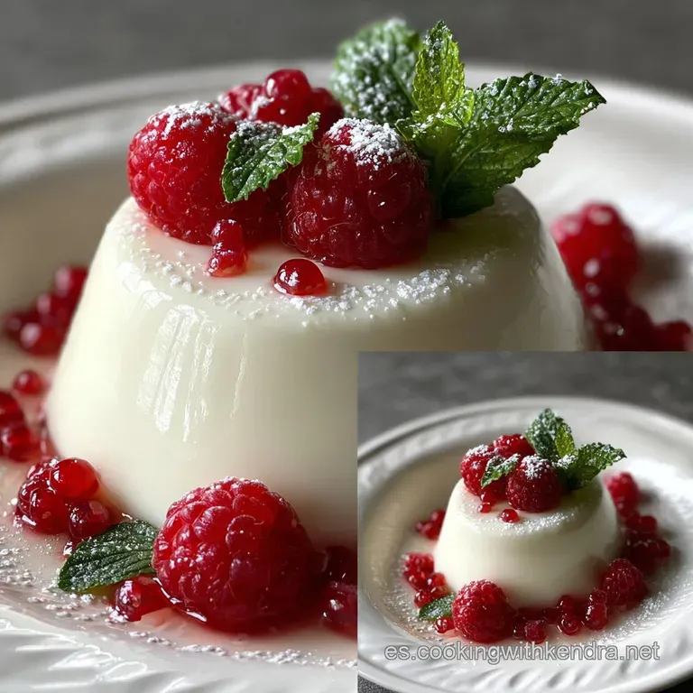 A single panna cotta, delicately unmolded, glistens on a white plate, drizzled with vibrant red berry sauce and mint.