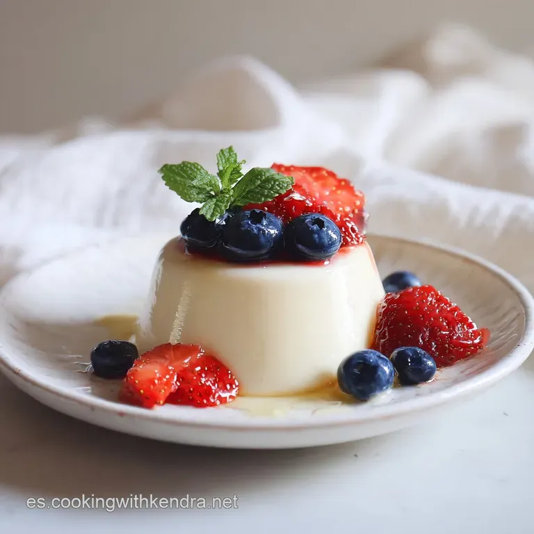 Elegant panna cotta dessert with a glistening surface, adorned with fresh mint and juicy red currants on a bright white pl...