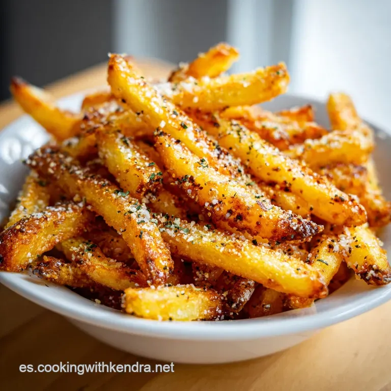 Crispy, seasoned fries artfully arranged on a dark plate, topped with a sprinkle of parmesan.