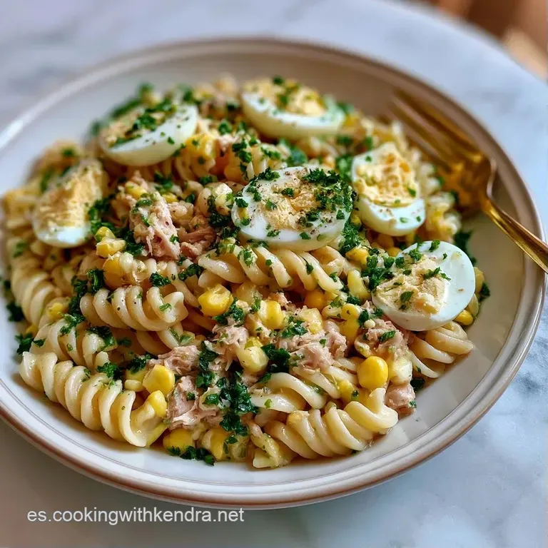 Pasta dispuesta en espiral, adornada con l&aacute;minas de huevo cocido y perejil fresco sobre cer&aacute;mica blanca pulida.