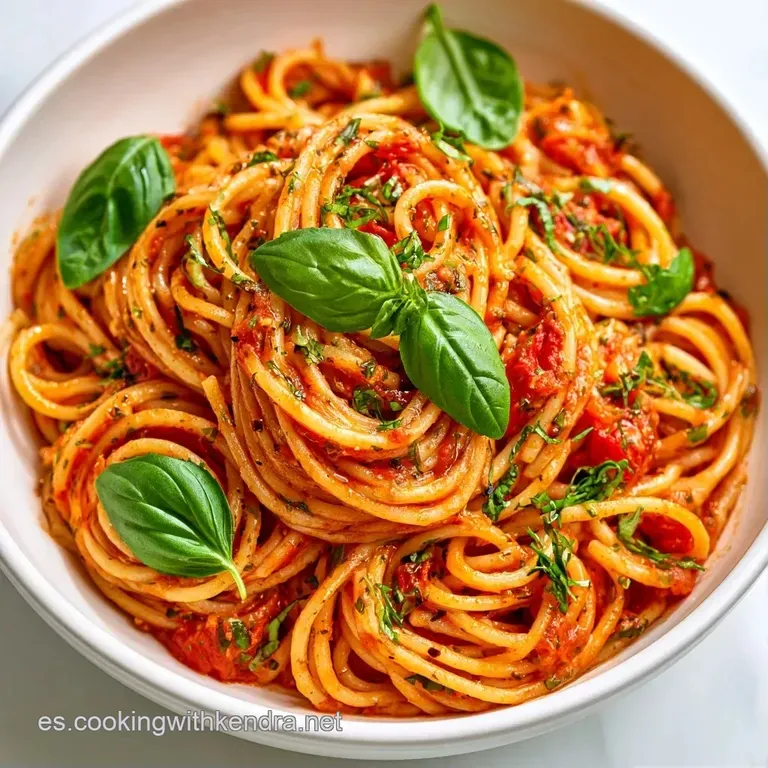 Pasta enrollada elegantemente con salsa brillante de tomate natural, decorada con albahaca fresca sobre fondo neutro.