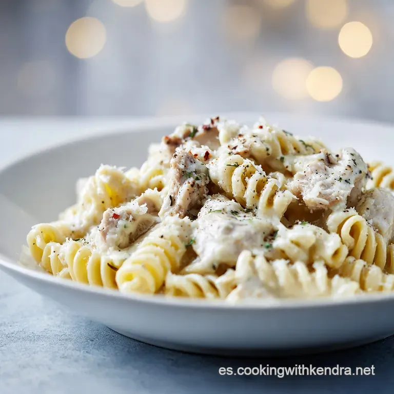 A swirl of creamy pasta and chicken artfully arranged on a white plate, sprinkled with fresh parsley and cracked black pep...