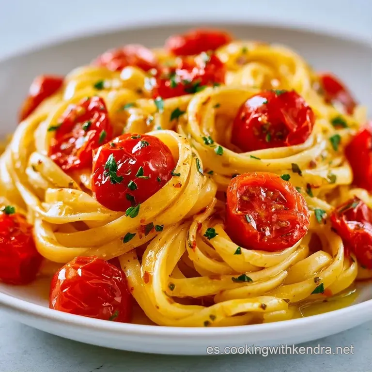 Plato blanco con nidos de pasta ba&ntilde;ados en salsa dorada, adornados con tomates cherry rojos y hojas de albahaca fresca.