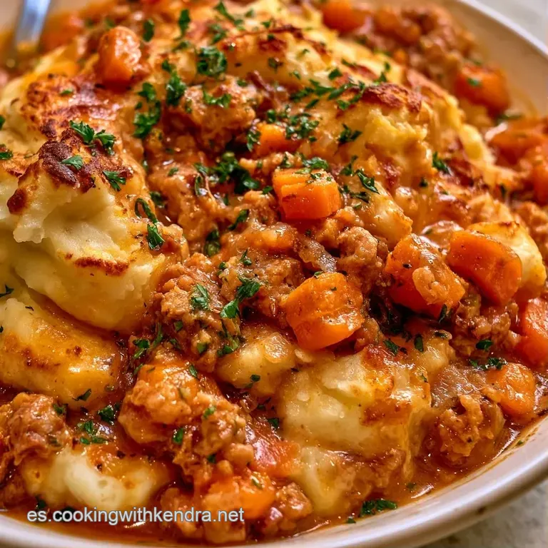 Porción cuadrada sobre plato blanco con puré cremoso, carne jugosa oscura y una rama de perejil fresco encima.