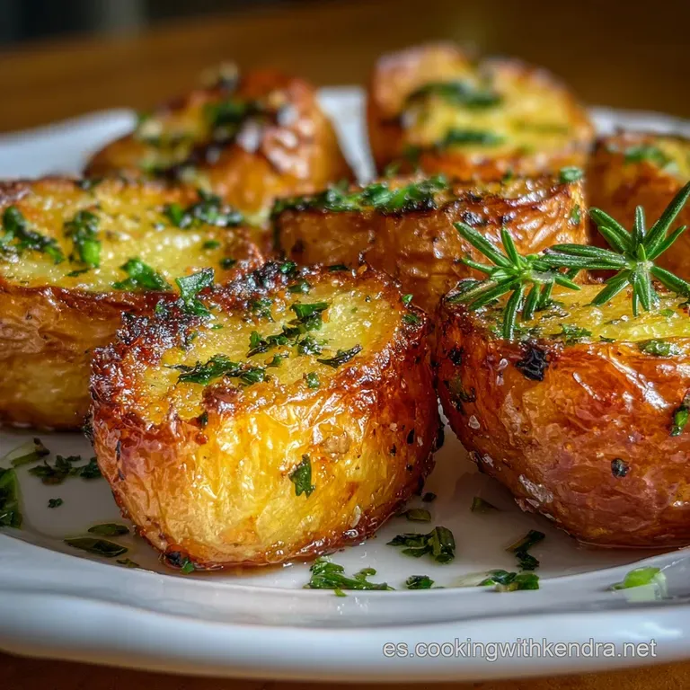 Perfectly arranged roasted potatoes on a white plate, sprinkled with herbs, glistening with oil, alongside a vibrant green...