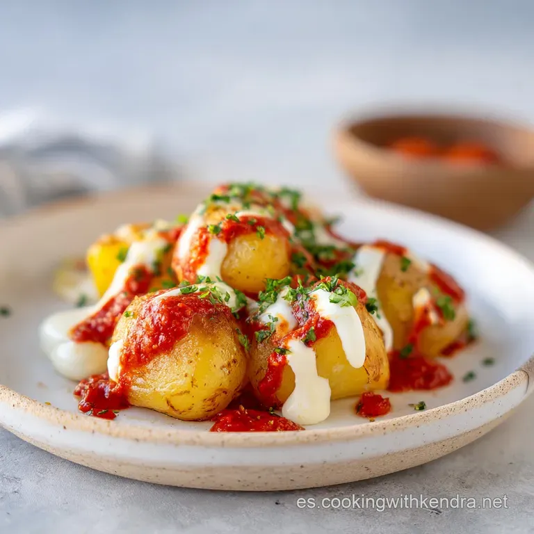 Crisp potatoes drizzled with vibrant red sauce and creamy white aioli, served in a rustic bowl. A sprinkle of smoked paprika.