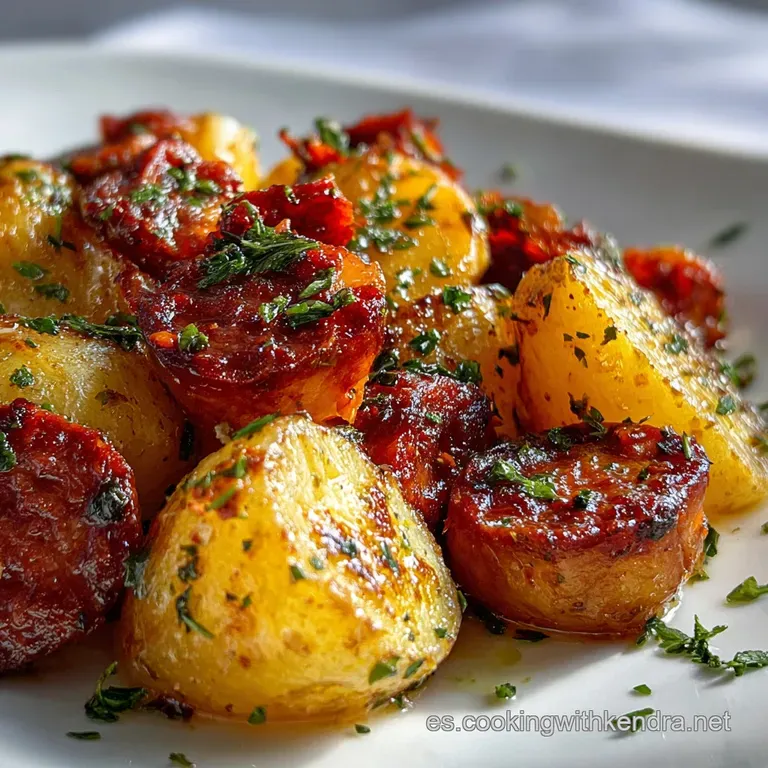 Plated patatas con chorizo. Steaming potatoes and chorizo topped with parsley and a drizzle of olive oil. A vibrant, rusti...