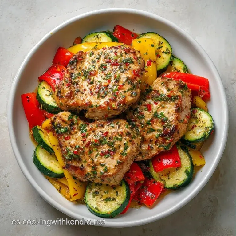 Filete de pavo jugoso con verduras salteadas multicolores y un toque de salsa brillante sobre un plato blanco limpio.