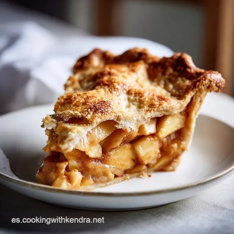 Slice of warm apple pie with a buttery, golden crust, served on a white plate with a scoop of melting vanilla ice cream.