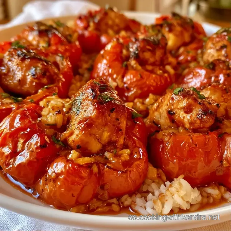 Dos pimientos rojos rellenos sobre un espejo de salsa roja espesa, decorados con hojas de perejil verde muy fresco.