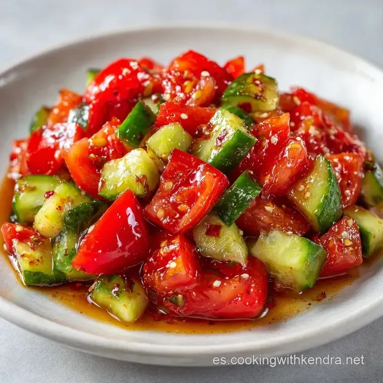 Ensalada fresca de hortalizas picadas en cubos perfectos sobre plato blanco, con gotas de aceite y tonos vivos naturales.